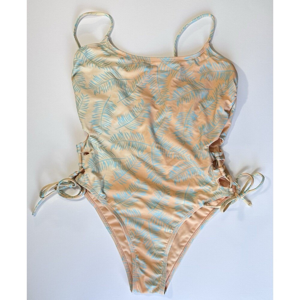 Sugar Coast One Piece Swimsuit Peach Blue Palm Print Lace Up Sides Womens Size L